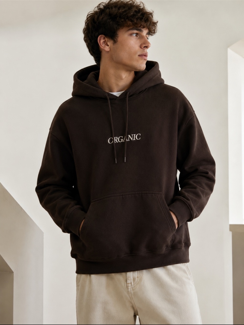 EUC H&M Organic Embroidered Brown Hoodie | Men’s Small | Loose Fit